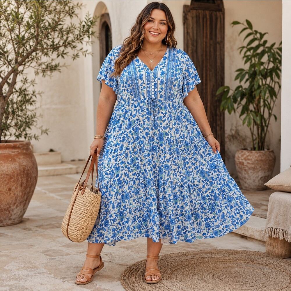 R Vivimos Tiered Peasant Dress Sz XL 16/18 Boho Cottagecore Paisley Euro Summer